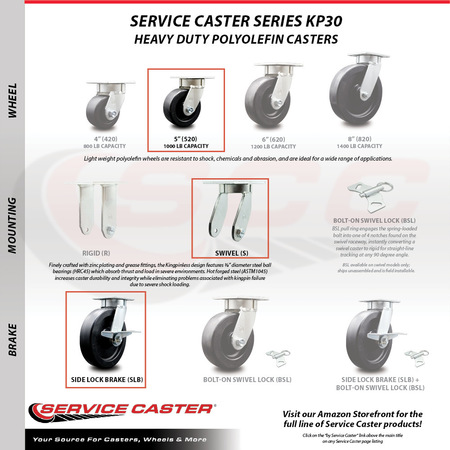 Service Caster 5 Inch Kingpinless Polyolefin Wheel Swivel Caster Set with 2 Brakes SCC SCC-KP30S520-POR-2-SLB-2